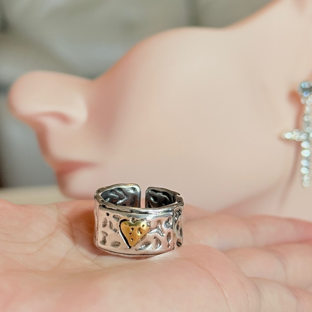 Anthropologie Two-Tone Heart Accent Band Ring - Silver with Gold Heart